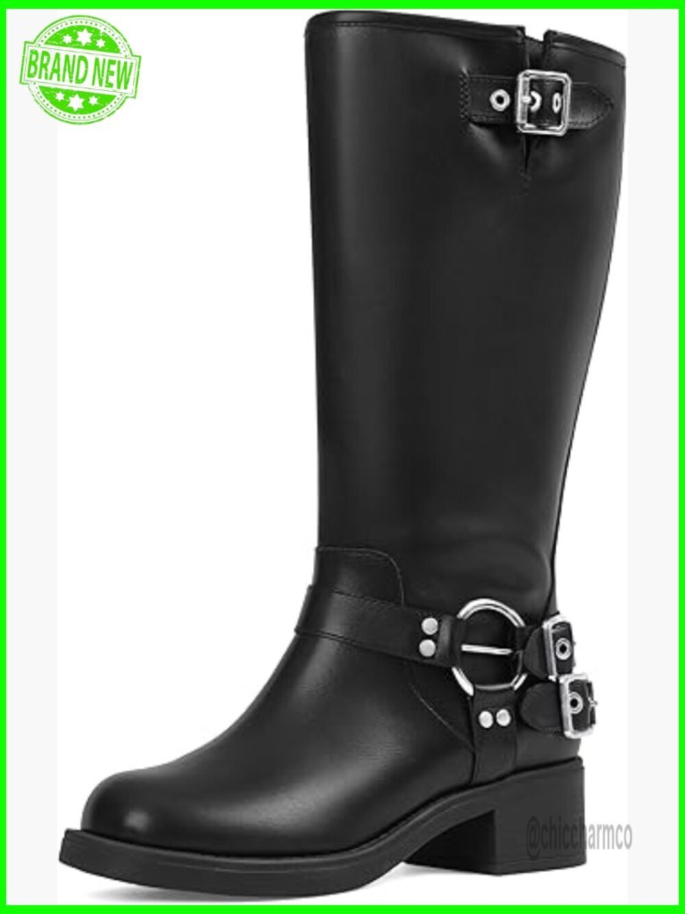 Wide Calf Square Toe Chunky Heel Lace Up Moto Boots Women Knee High